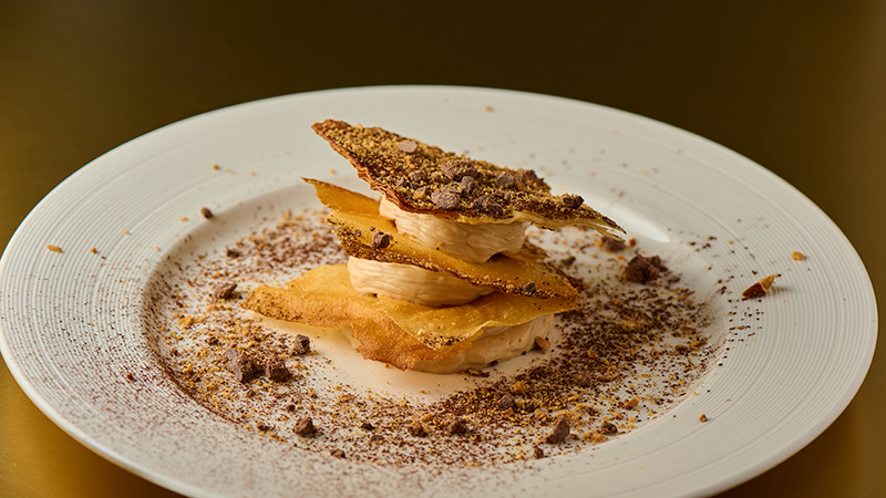Crispy thousand layer pastry paired with hazelnuts and dark chocolate