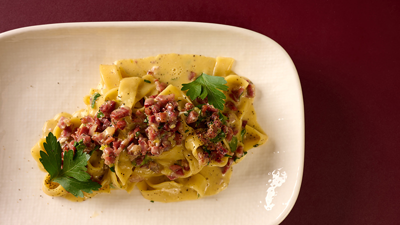 Freshly made Italian egg pasta with Salerno ham and 24 month aged Parmesan cheese