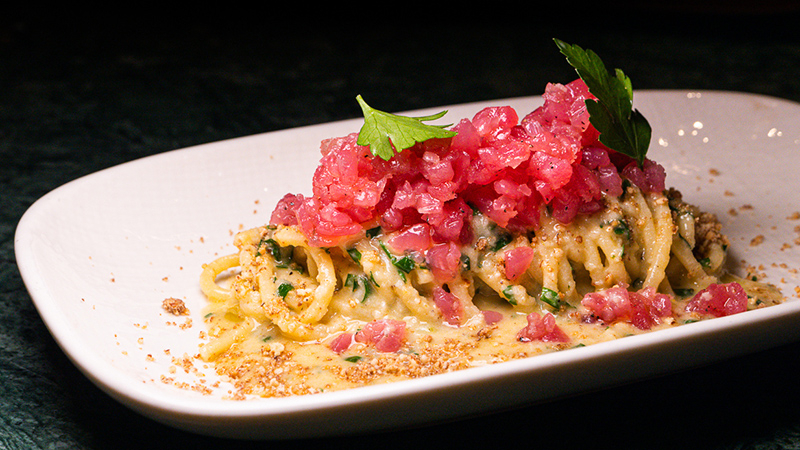 Freshly made spaghetti paired with yellowfin tuna